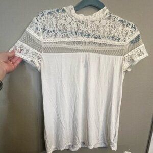 Express Womens Small Ivory Lace Short Sleeve mock neck Top